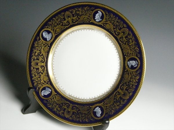 アンティーク フッチェンロイター ババリア 高級シリーズ コバルト 金彩 カメオ 人物絵 プレート 大皿 27cm n272_画像2