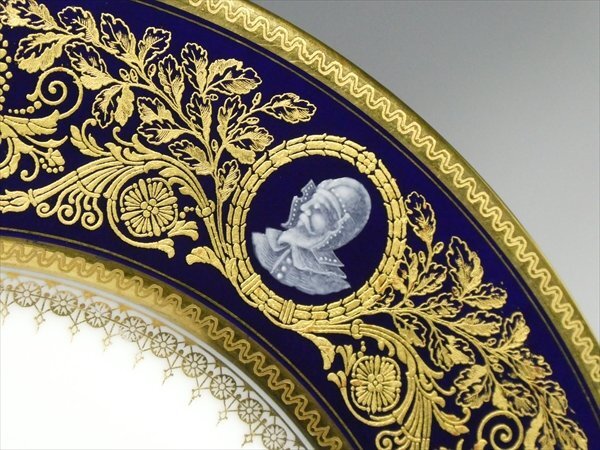 アンティーク フッチェンロイター ババリア 高級シリーズ コバルト 金彩 カメオ 人物絵 プレート 大皿 27cm n272_画像4