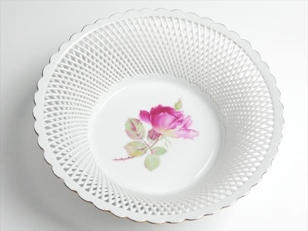 モガ MOGA ルーマニア製 ハンドメイド 金彩 バラ絵 バスケット ボウル 20cm K599_画像1