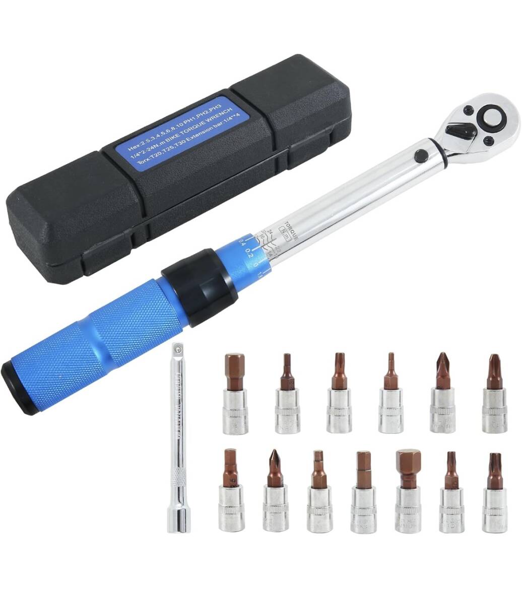 【新品未使用/送料無料】トルクレンチ プレセット型 15枚セット 1/4インチ ビットソケット 2～24N・m トルク精度 ±3% 両回転対応_画像1