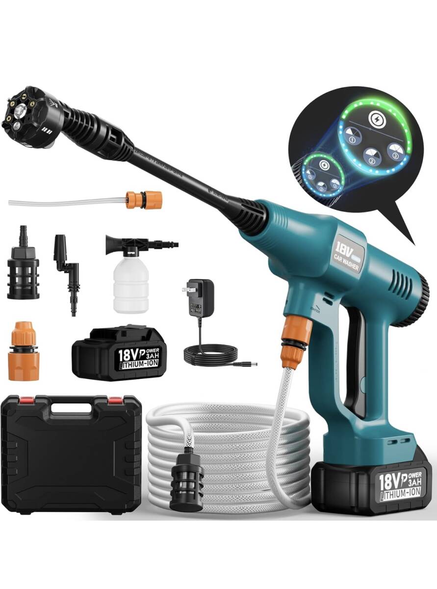 【新品未使用/送料無料】高圧洗浄機 コードレス 充電式 自吸式 低騒音 噴射距離10M ペットボトル対応 6in1ノズル_画像1