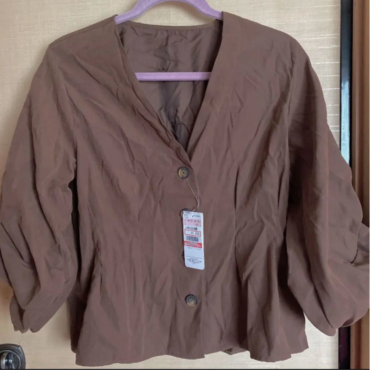 ブラウス　シャツ　ブラウン　茶色　長袖　袖タック　ビーチ素材　定価1,500円