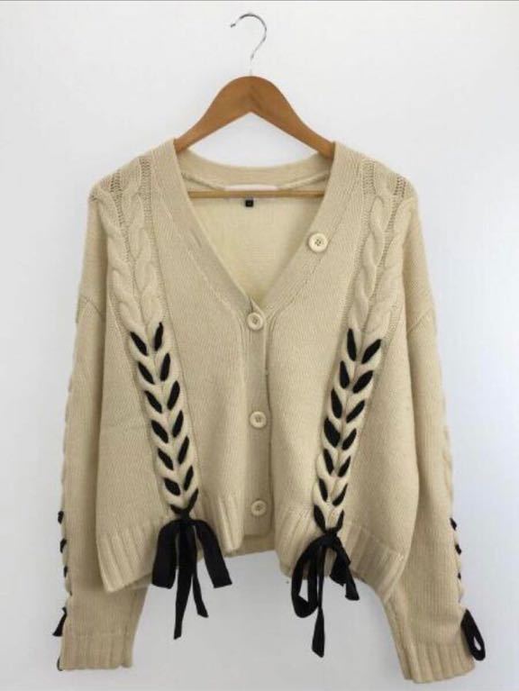 LE CIEL BLEU ルシェルブルー Laceup Cable Knit Cardigan レースアップケーブルニットカーディガン 36