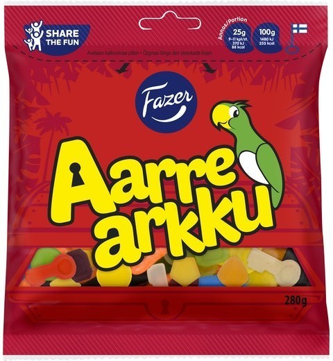 Fazer Aarrearkku ファッツェル アーレアック 宝箱 フルーツ＆サルミアッキ グミ 12袋×280g フィンランドのお菓子です_画像1