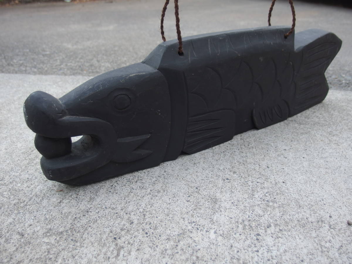 201114A】 魚鼓 魚板 無垢木彫 仏具 古民具 木槌 時代物 古道具 時代物 長さ60cm
