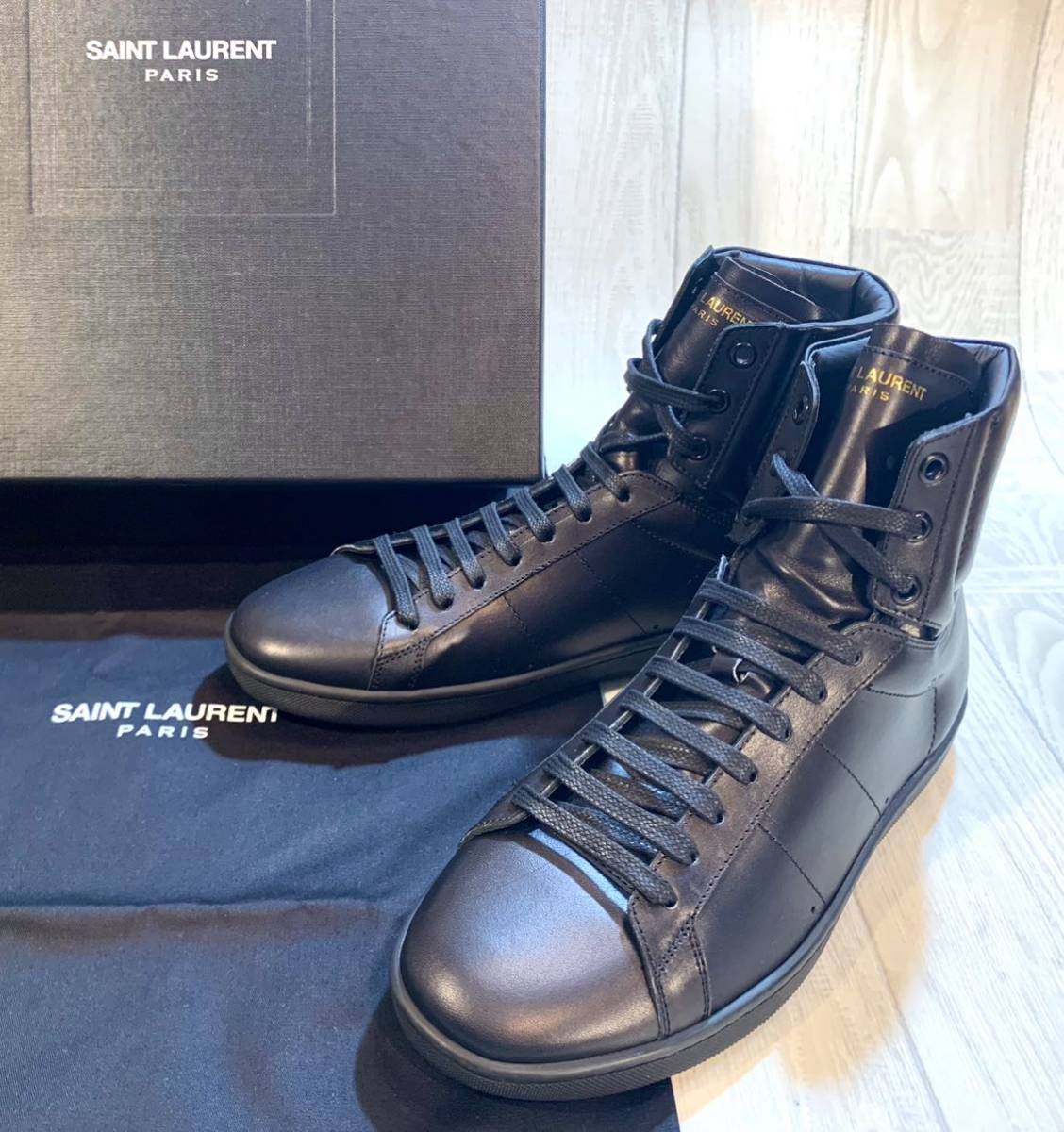 【未使用】SAINT LAURENT PARIS サンローラン◆25cm 40◆ITALY製◆ハイカットレザースニーカー 紐靴 本革 高級革靴 カジュアル◆メンズ◆黒_画像1