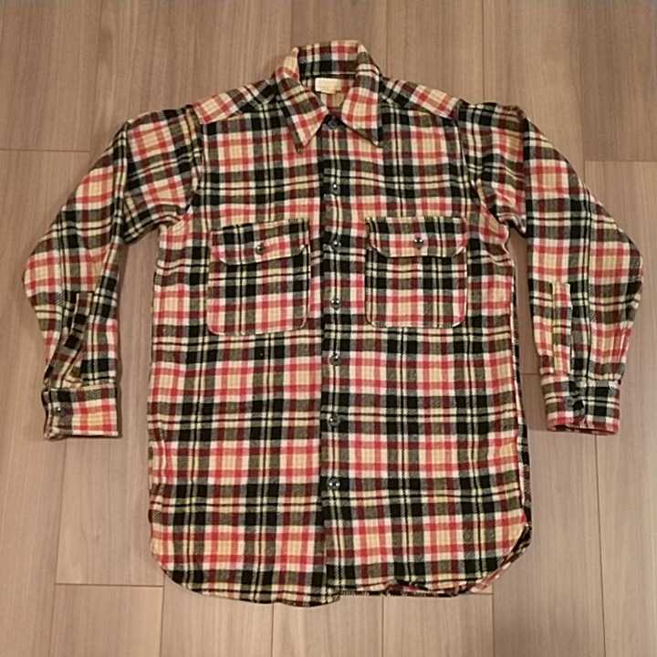 40s50sTheBROADWAY Vintage wool check work shirt redblackyellow size15 _画像1