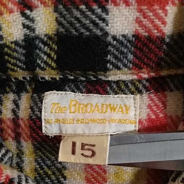 40s50sTheBROADWAY Vintage wool check work shirt redblackyellow size15 _画像2