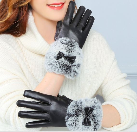  fake leather lady's gloves ribbon pattern smartphone correspondence glove black 