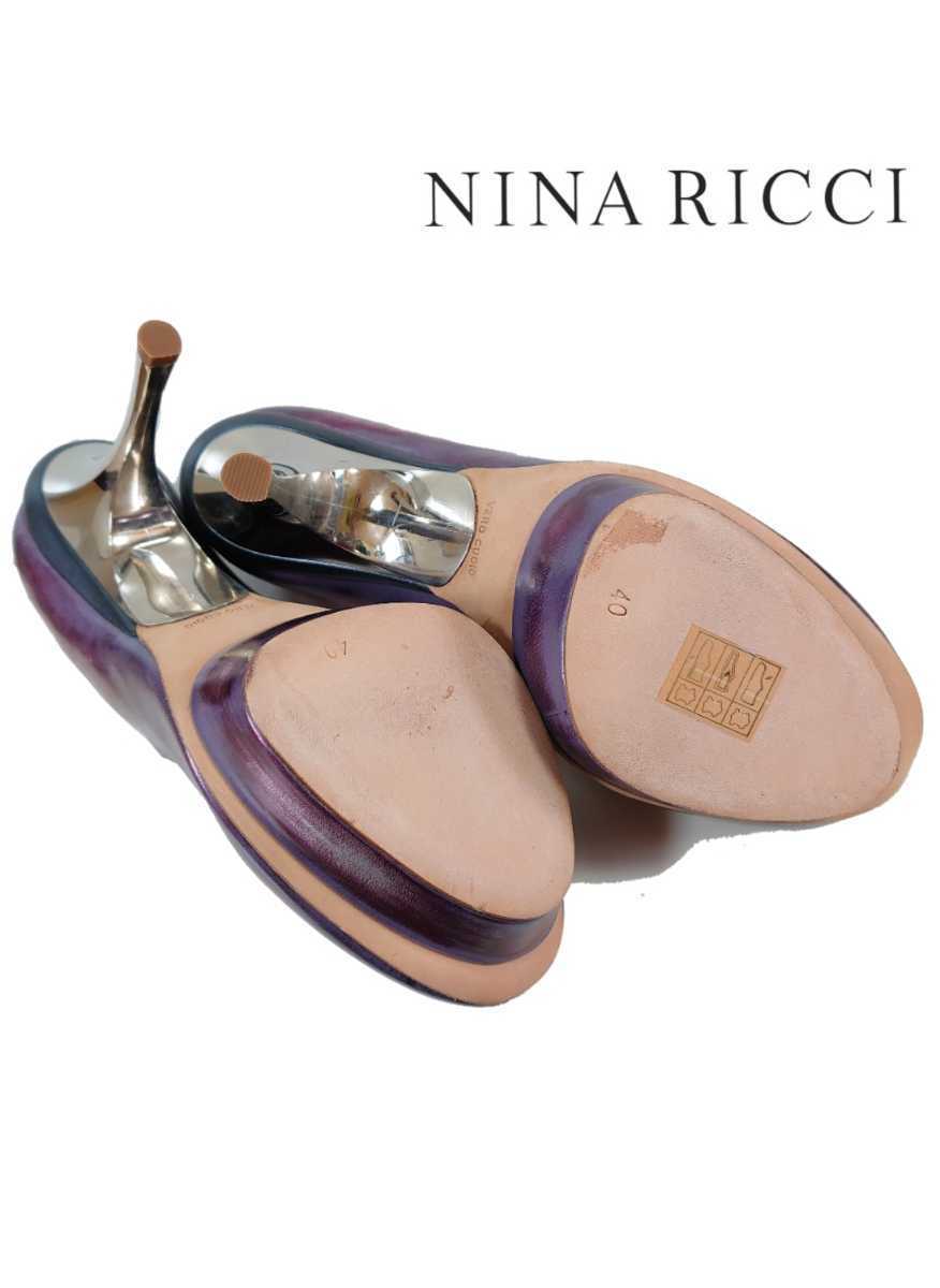 未使用【ニナリッチ】ヴィンテージ風 オープントゥ パンプス(40)定価10万円 ☆NINA RICCI☆保管品 メタリック 本革 レザー の画像7