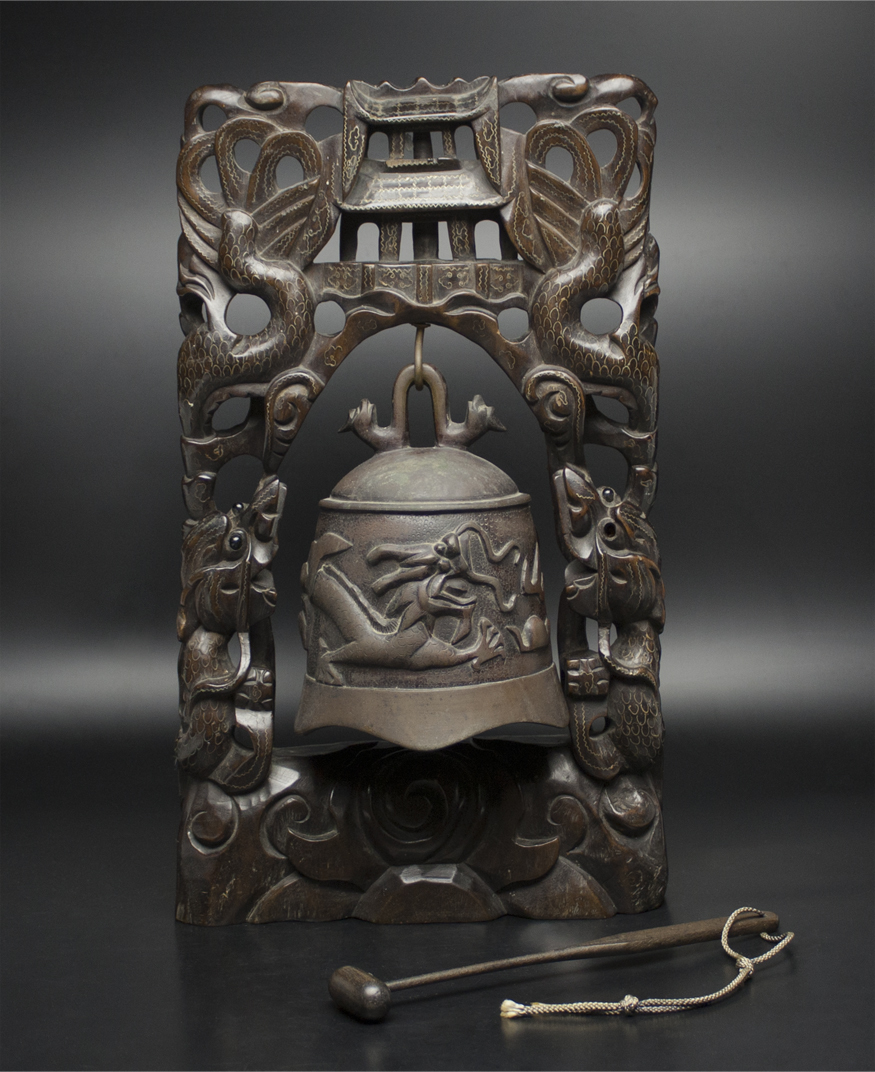 清 銅雕龍鐘 木雕台 中国 古美術