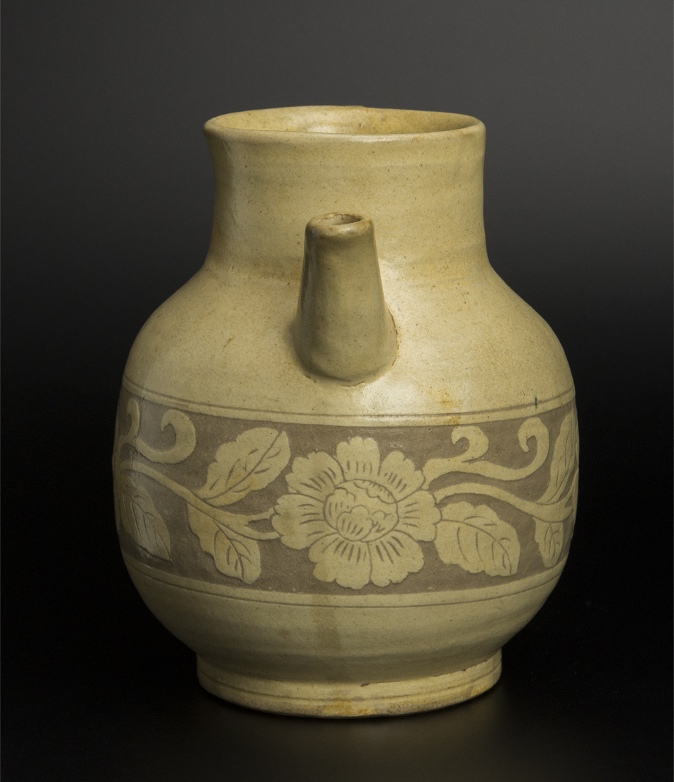 中国 宋 磁州窯 白釉剔花文四耳壷 時代箱 M R4105-