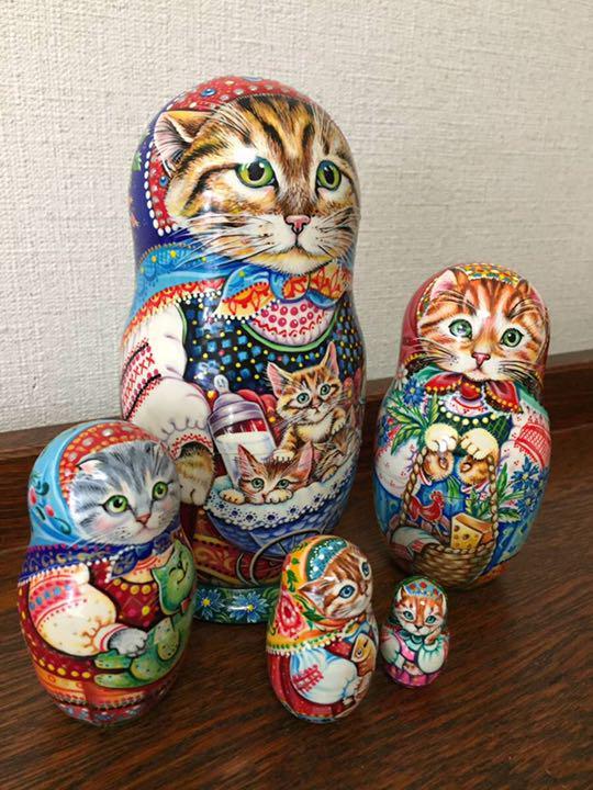 ロシア雑貨☆ネコマトリョーシカ(5ピース)H17cm チメリョバ 作