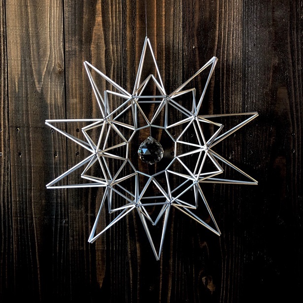 ヒンメリ「太陽のリース」野外使用可なアルミ製　オプションでサンキャッチャー　幾何学オブジェ　シルバー　クリスマスオーナメント