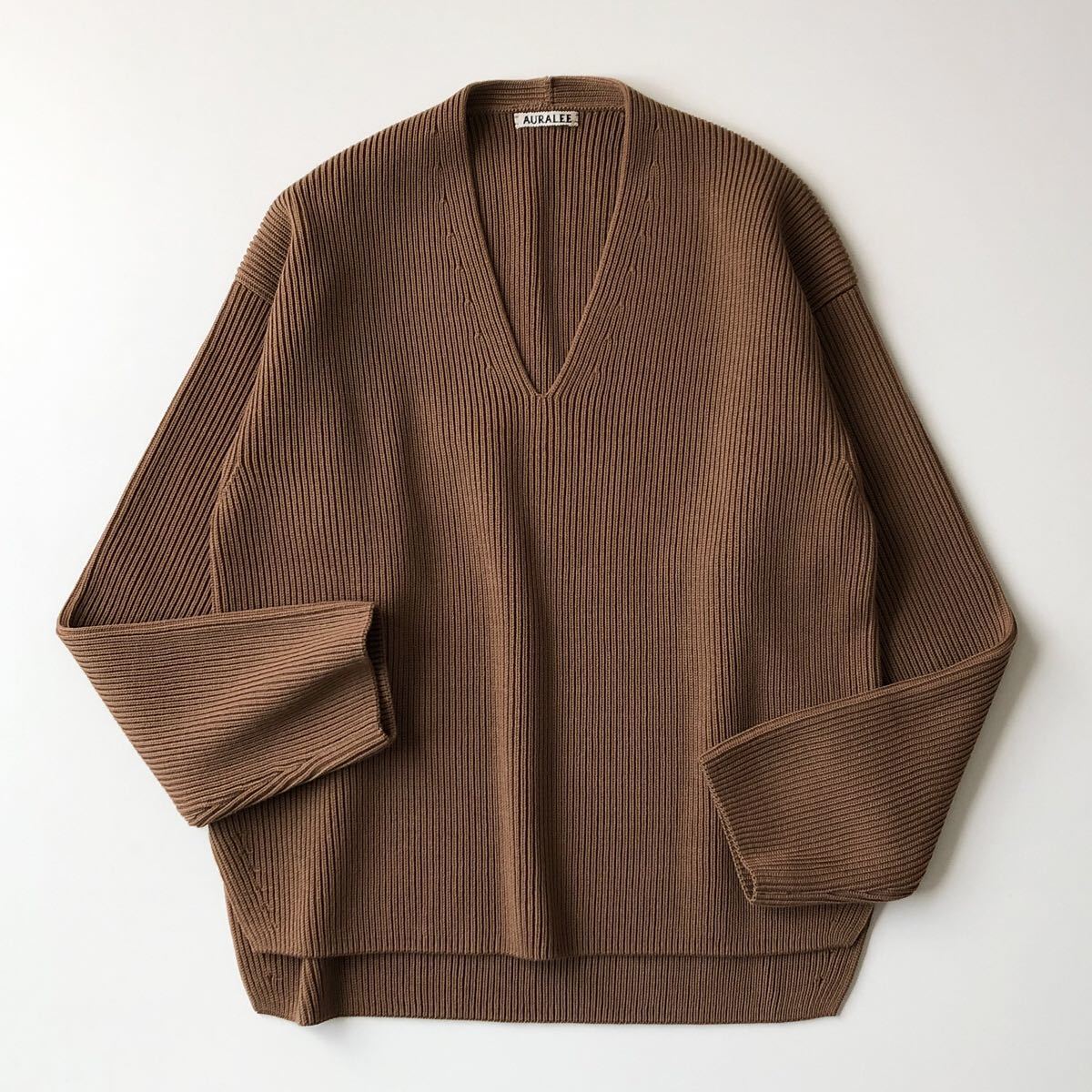 AURALEE スーパーファインウールリブニット Vネックプルオーバー オーラリー ブラウン SUPER FINE WOOL RIB KNIT V NECK P/O