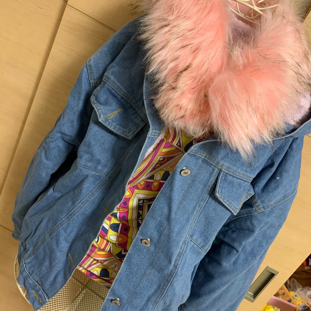 韓国ファッション秋冬厚手フード付きショート丈デニムコート ファー ピンク