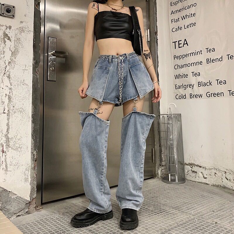ワイドデニムジーンズ 韓国 ワイドレッグ オルチャン 大きめ デニム セパレート ジーンズ ボトムス 変形 ダンス 衣装 韓国