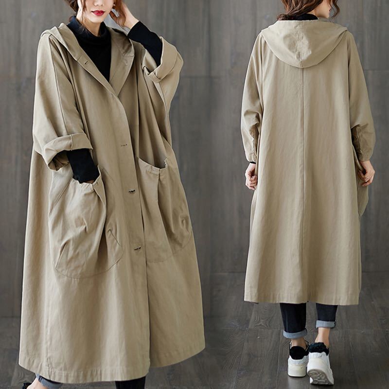 ロングコート パーカー コート フード シングルトレンチ ロング丈 トレンチコート パーカーコート ゆったり ビッグシルエット 長袖