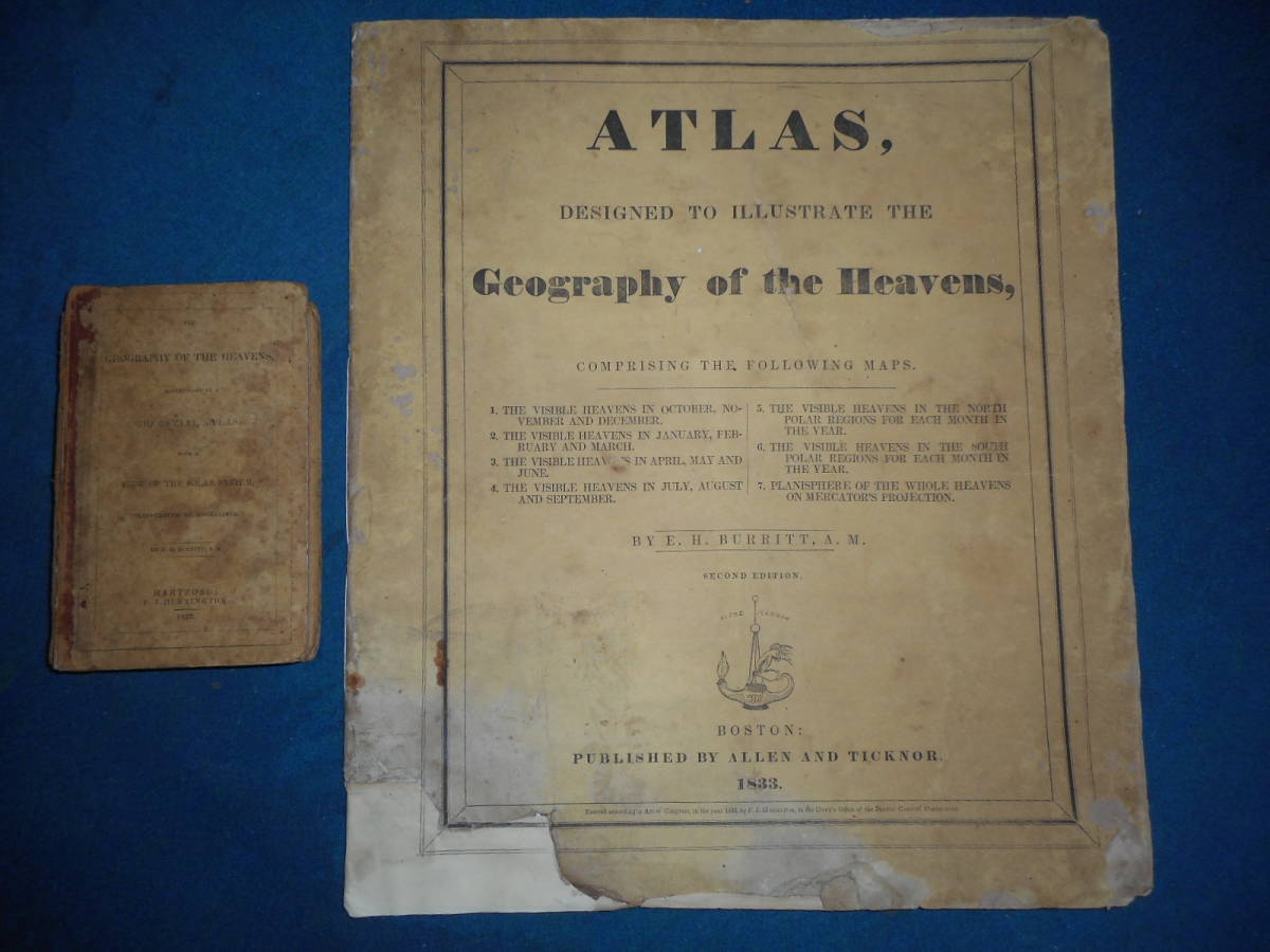 即決　アンティーク、天球図、天文、星座早見盤、星座図絵1833年『バリット星図とテキスト』Star map, Planisphere,Celestial atlas