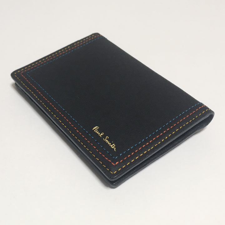 ポールスミス / Paul Smith パスケース／カードケース 本革製 黒／ブラック マルチカラーステッチ 未使用品 箱付き【4248】_画像2