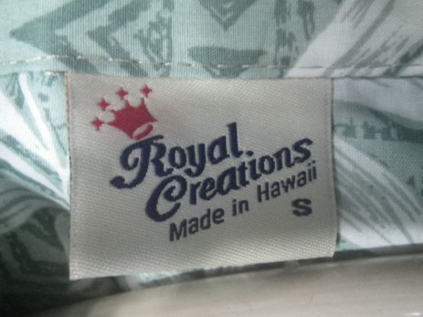 ｎ6675　美品　Royal Creations　ハワイ製　半袖　アロハ　リーフ　木製カヌー　民族　総柄　デザイン　人気　送料格安_画像4