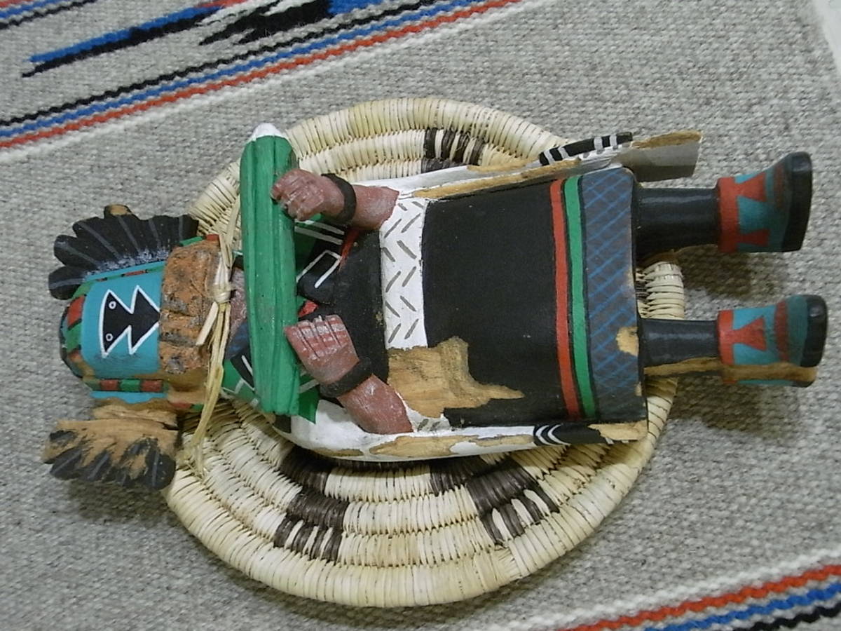 USA Vintage HOPI KACHINAS+BASKET- ho pi group tradition industrial arts kachina doll ... doll & basket . basket [CROW MOTHER/ black u mother ] Indian ART