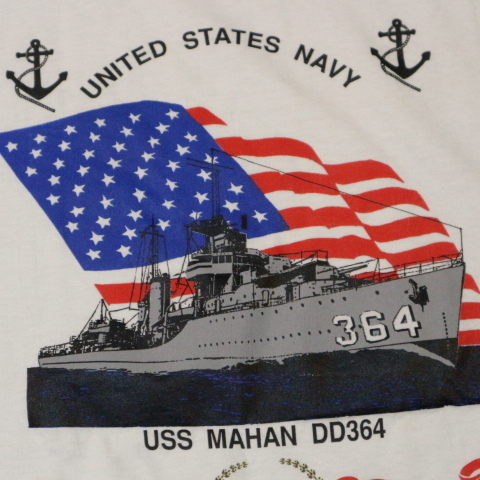 90s USA製 US.NAVY USS MAHAN DD364 Tシャツ XL ホワイト 軍艦 アメリカ 海軍 ミリタリー 星条旗 船 アンカー イラスト ヴィンテージ_画像3