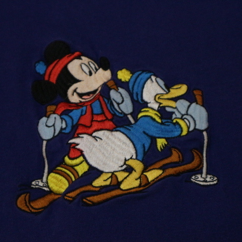 90s Disney Mickey ロンT XXL ネイビー 刺繍 長袖 Tシャツ ディズニー キャラクター スキー ミッキーマウス ドナルドダック グーフィー_画像3
