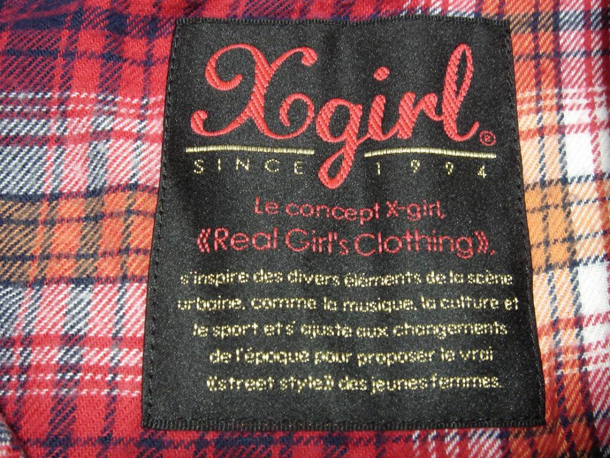 ◆ X-girl エックスガール ロング ネルシャツ ◆ チェック 赤系 ワンピース ロゴ刺繍 胸ポケット付き ◆ サイズ2 綿100％ ◆ USED ◆_画像2