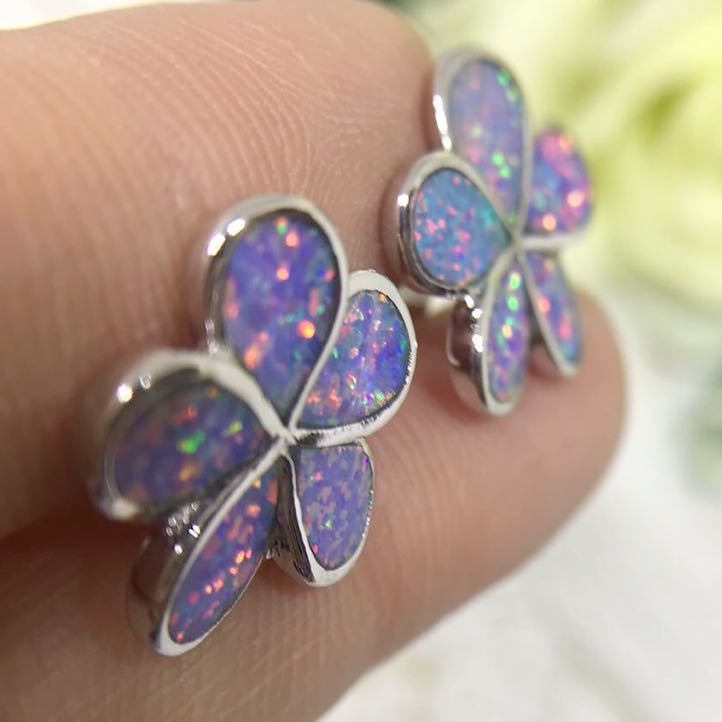  lavender fire - opal. . flower design earrings * lady's silver accessory color stone new goods gem present 