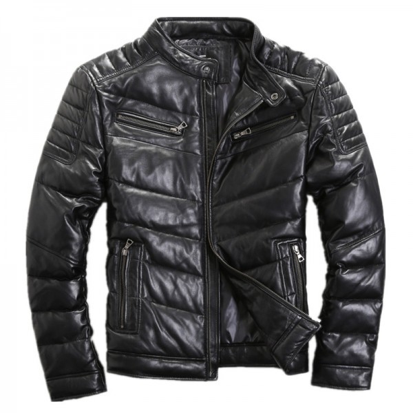 デザインジャケット　スリム　　新品　本革　3XLサイズ　羊革　　ダウンジャケット　ブラック