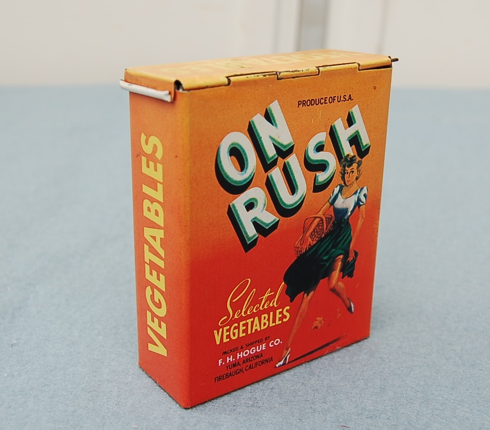 古い空き缶　米国製　ON RUSH　Selected VAGETABLES 　F.H.HOGUE CO.　PRODUCE OF U.S.A_画像2