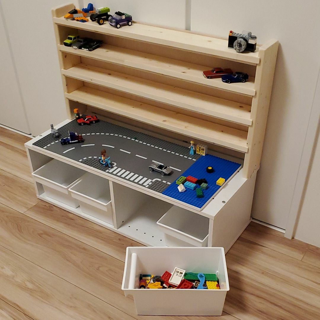 トミカ収納棚+レゴテーブル収納ユニット　背板付き　プレイボードタイプ