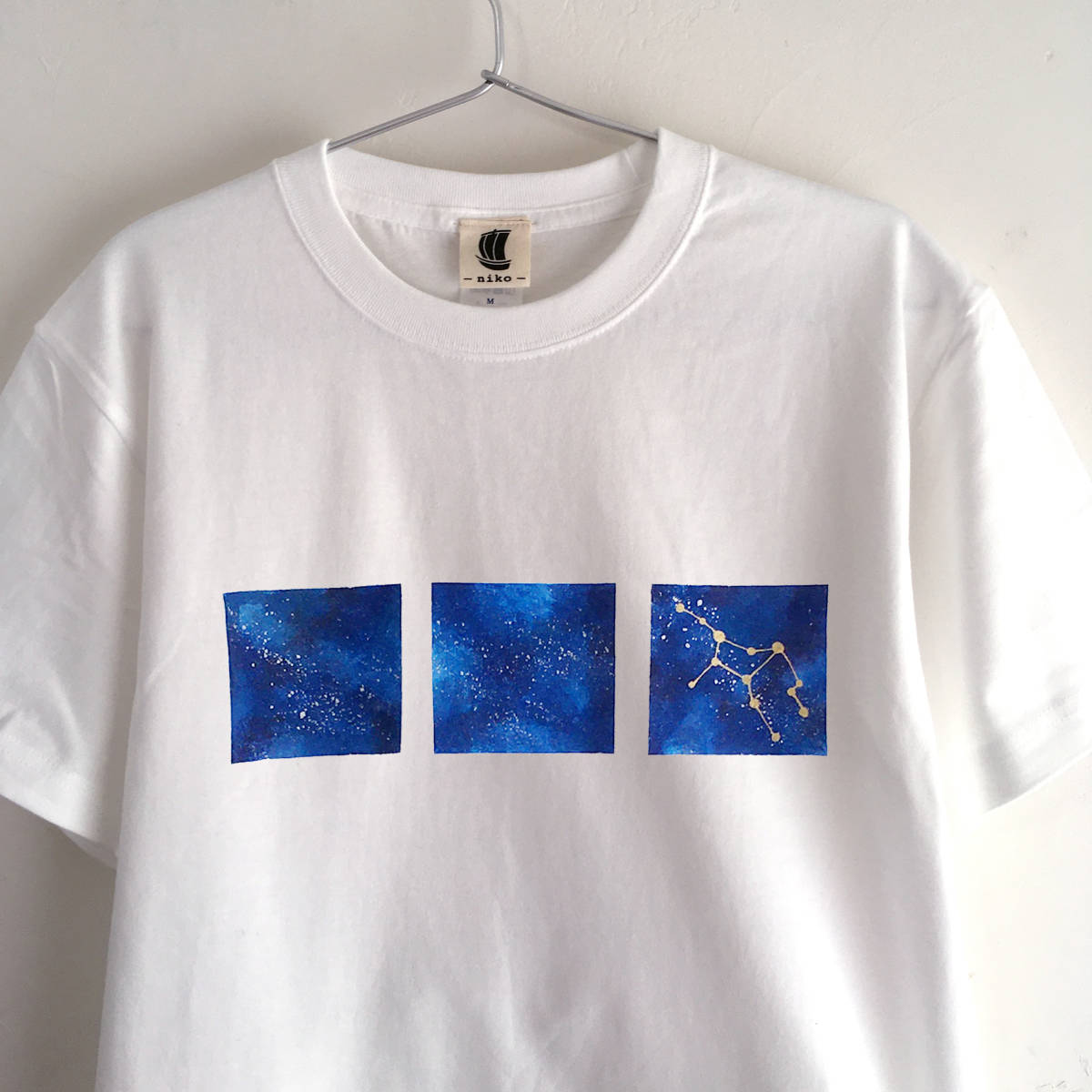 12星座選べる手描き宇宙柄Tシャツ ホワイト Mサイズ 銀河 ギャラクシー 星空