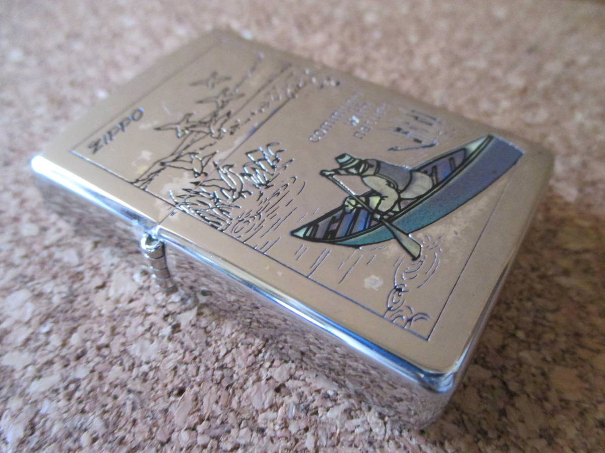 ZIPPO 『COMMUNE WITH NATURE カヌー 鴨』1996年11月製造 アウトドア フィッシング 釣り 湖沼 水鳥 オイルライター ジッポー 廃版激レア