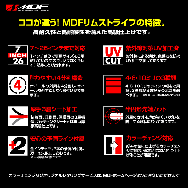 【エムディーエフ オフィシャル】MDF 10ミリ幅 20インチ以下 ソリッドリムストライプ 自動車用 ホイールテープ 18A_画像3