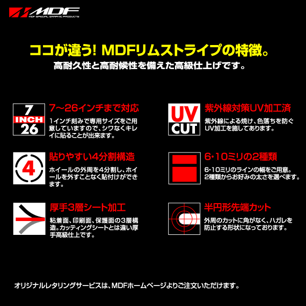 【エムディーエフ オフィシャル】MDF 6ミリ幅 20インチ以下 デリコロールリムストライプ 自動車用 ホイールテープ 16 BK_画像3