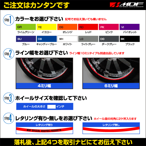 【エムディーエフ オフィシャル】MDF 4ミリ・6ミリ幅 20インチ以下 ソリッドリムストライプ 自動車用 ホイールテープ 206_画像2