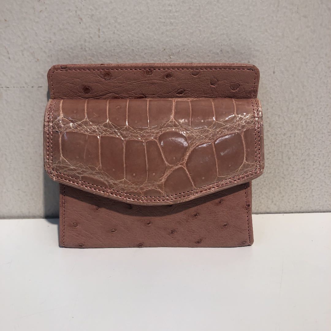 クロコダイル&オーストリッチ　日本製　BOX小銭入れ 薄型財布　サーモンピンク