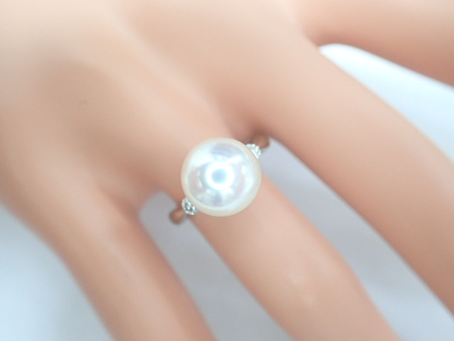 美品 Pt900 真珠 パール約9.4mm珠 ダイヤ計0.10ct デザイン リング
