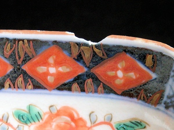 【金継材料】 488　古伊万里　色絵　花に山水紋の図　六角膾皿_画像8