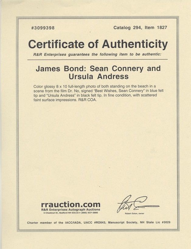 007 ショーン・コネリー (Sean Connery) & ボンドガール アーシュラ・アンドレス (Ursula Andress) キャスト 直筆サイン入りカラー写真_真正証明書（COA)