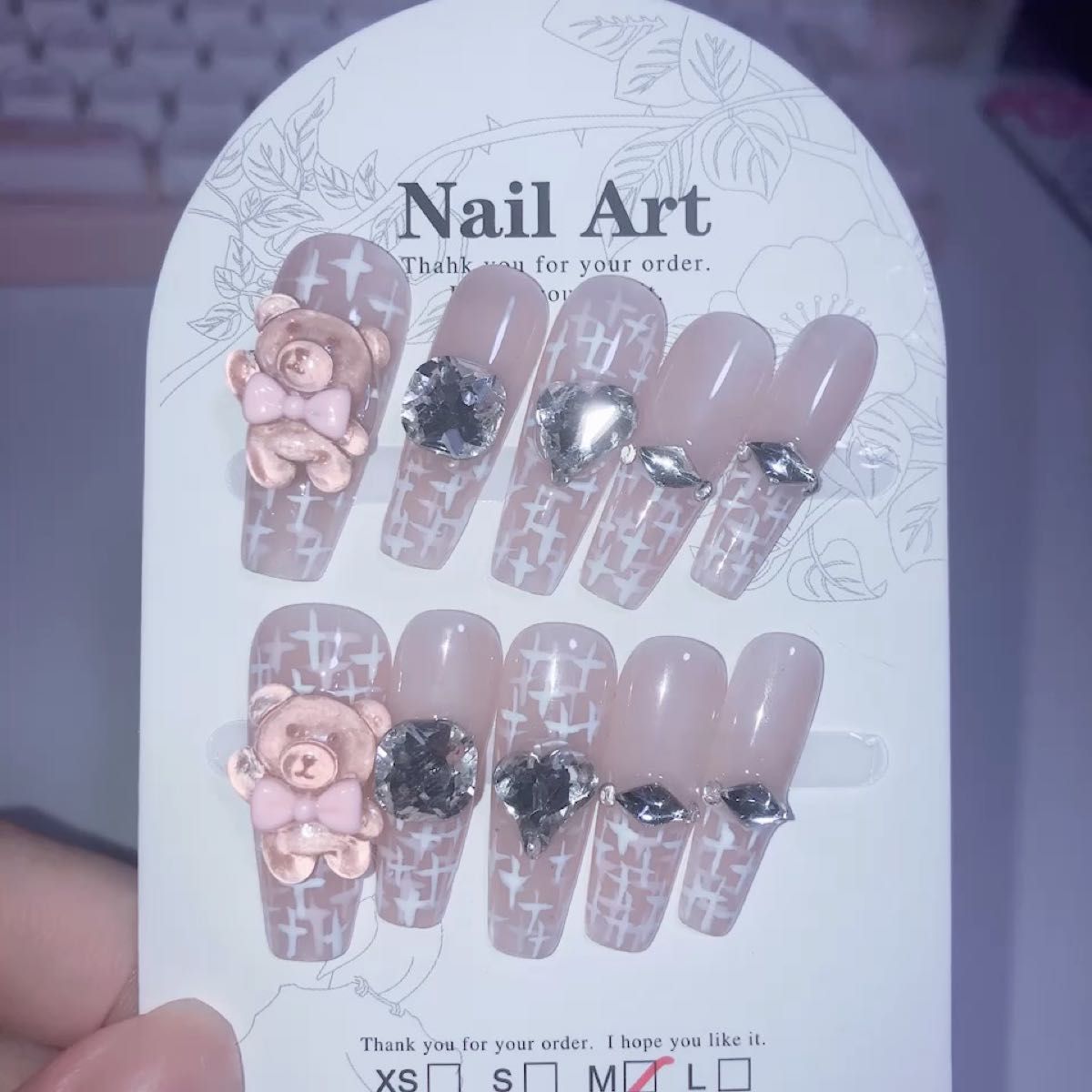 くまちゃん×ビジュー 量産型ガーリーネイルチップ 