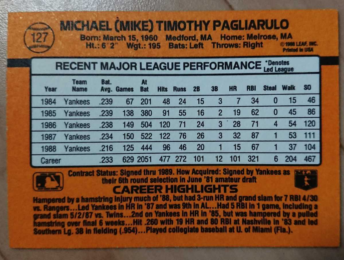 ★来日外国人 パグリアルーロ 西武 ライオンズ MIKE PAGLIARULO DONRUSS 1989 #127 メジャーリーグ MLB NEW YORK YANKEES ヤンキースの画像2