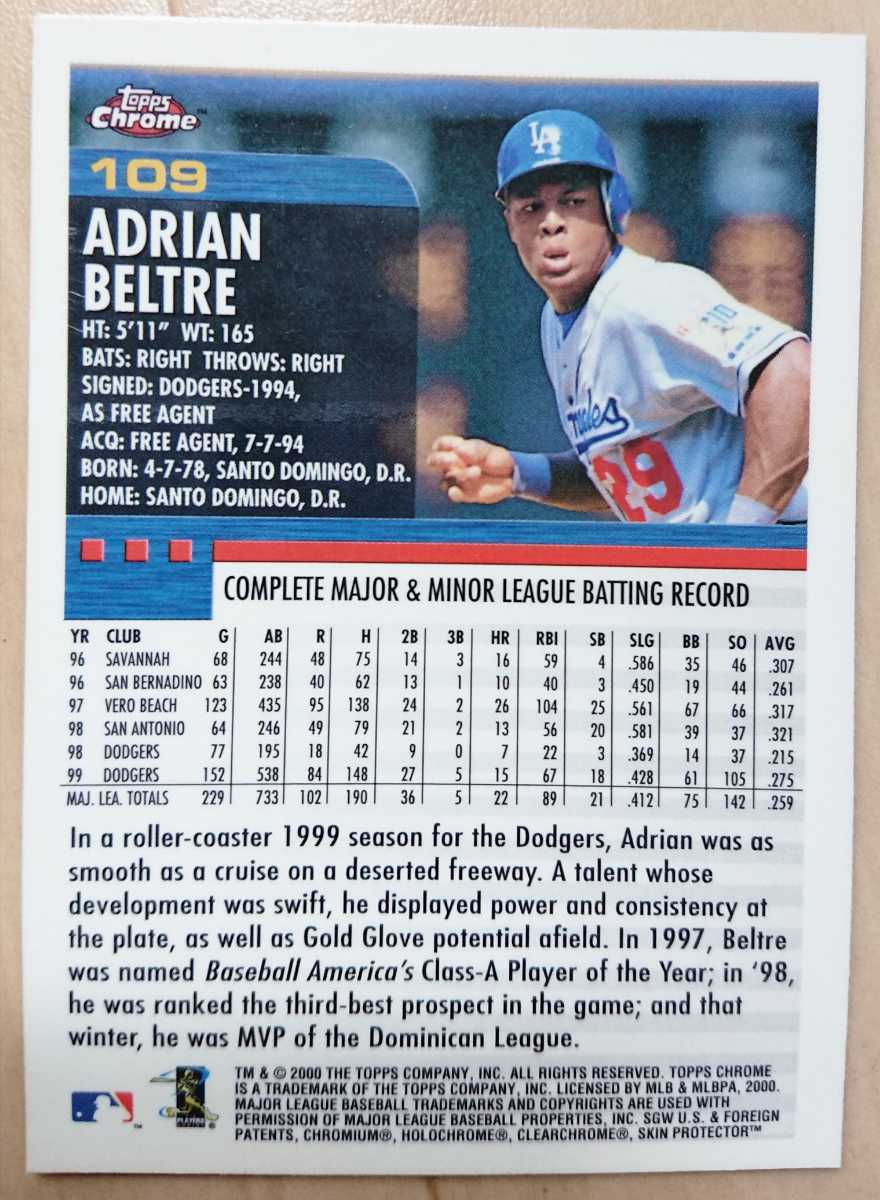 ★ADRIAN BELTRE TOPPS CHROME 2000 #109 メジャーリーグ MLB 大リーグ LOS ANGELES DODGERS LA ドジャース エイドリアン ベルトレ_画像2