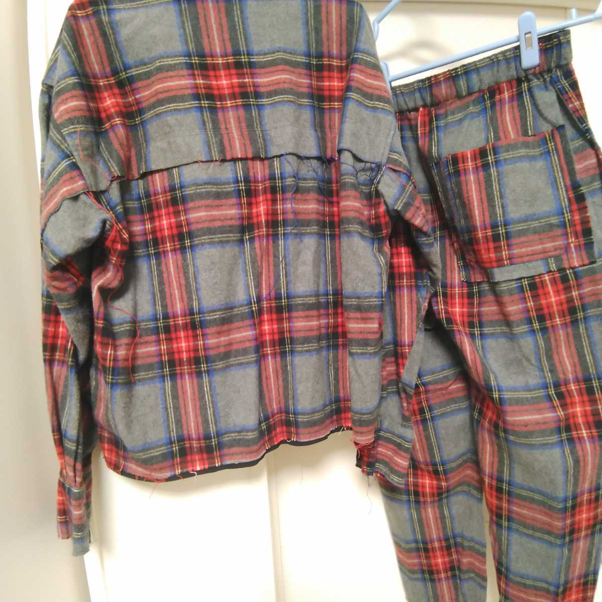  free shipping JieDajieda top and bottom setup cut off flannel shirt side slit Easy pants check 