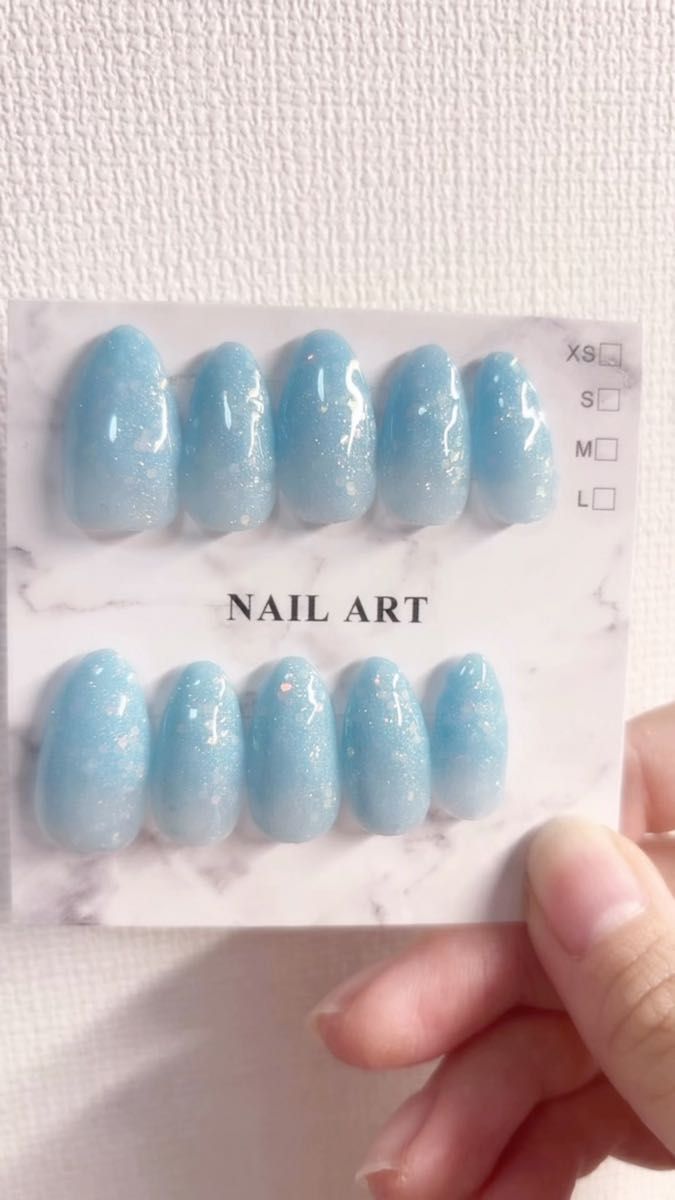 動画ありネイルチップ 水色 ラメ グリッター