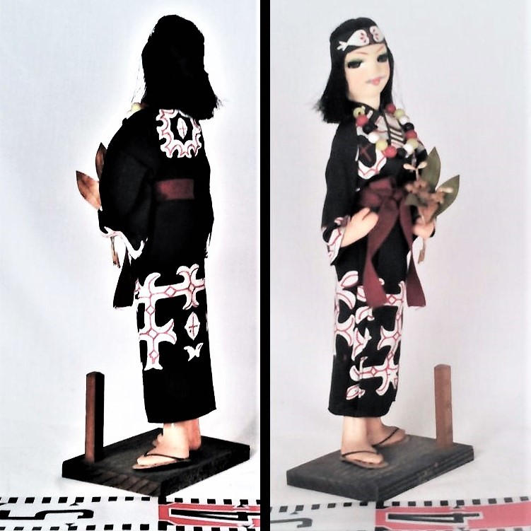 ◎昭和の人形《アイヌ姿のポ－ズ人形》(北海道の土産)〈ケ－ス無・中古〉◎_全体…左側は左背面写真・右側は右正面写真