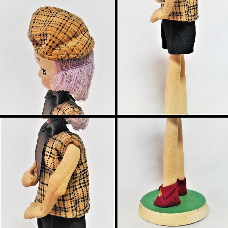 ◎昭和の人形《ベレ－帽を被ったポ－ズ人形》(SUKIYOリボンの銘有)〈ケ-ス無・中古〉◎_人形左横面の４面各部分の拡大写真