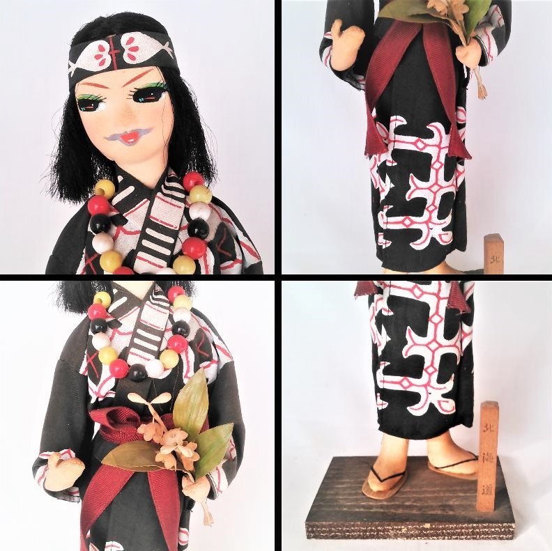 ◎昭和の人形《アイヌ姿のポ－ズ人形》(北海道の土産)〈ケ－ス無・中古〉◎_人形正面の４面各部分の拡大写真